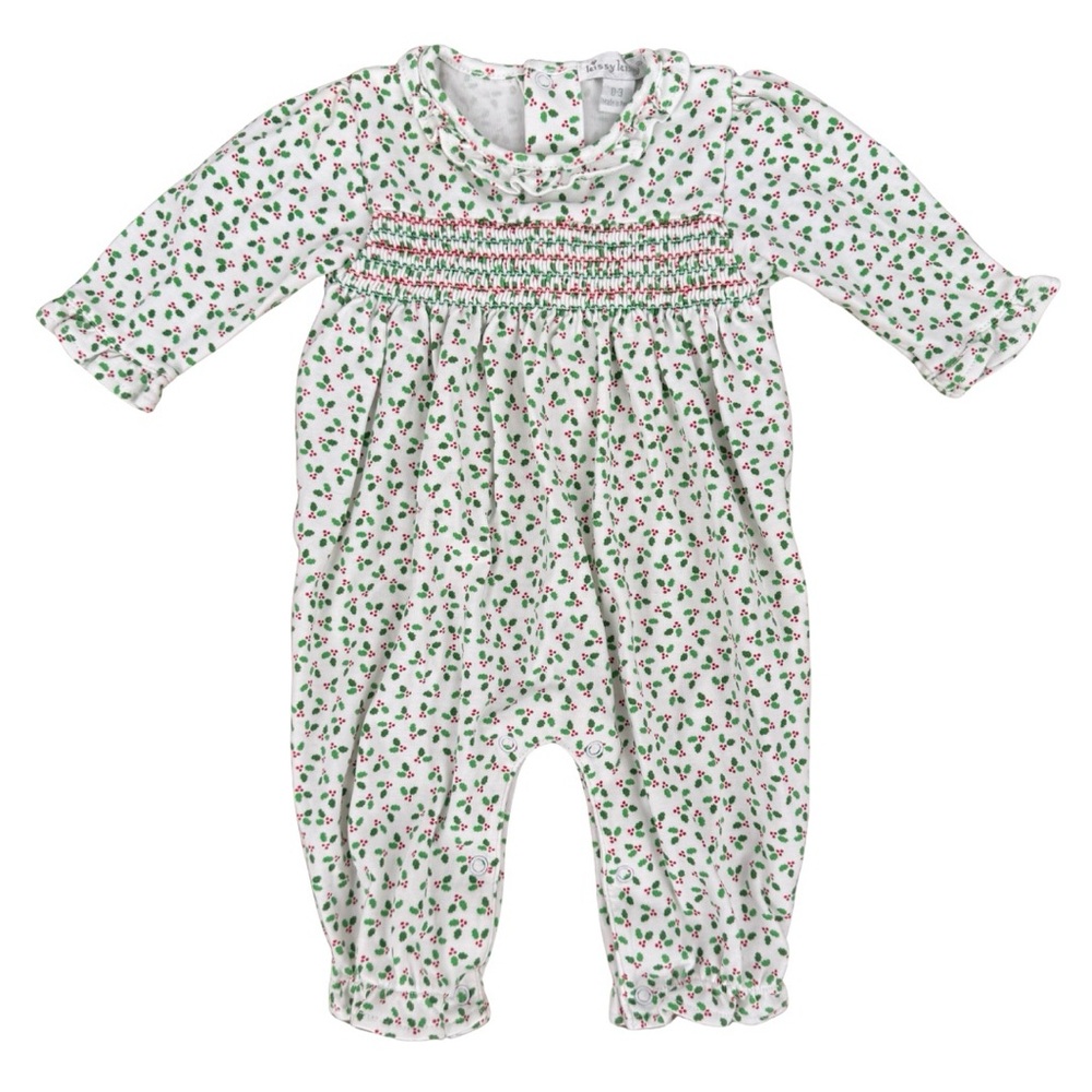 Kissy Kissy Christmas‎ Holly Print Smocked Footie 0-3 Months Pima Cotton Holiday